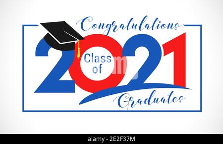 Class of 2021 year graduation banner, awards concept. Holiday red and blue colored invitation card. Brush stroke calligraphy. Isolated digits Stock Vector