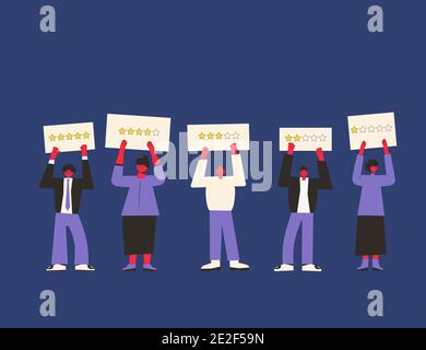 Feedback concept. Five characters holding blanks with stars in their hands. Service rating. Satisfaction level. Consumer review. Clients with differen Stock Vector