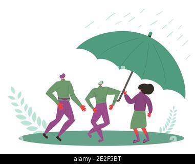 Three friends wearing in casual clothes standing together under an umbrella. Male and female persons protection from rain. Vector color flat illustrat Stock Vector