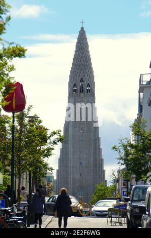 Reykjavik, Iceland - June 20, 2019 - The view of Hallgrimskirkjachurch from downtown Stock Photo