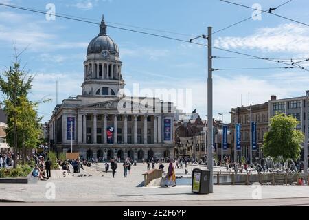 The imposing Nottingham Council House stands high above Nottingham's city centre acting as a backdrop to Nottingham's Old Market Square.