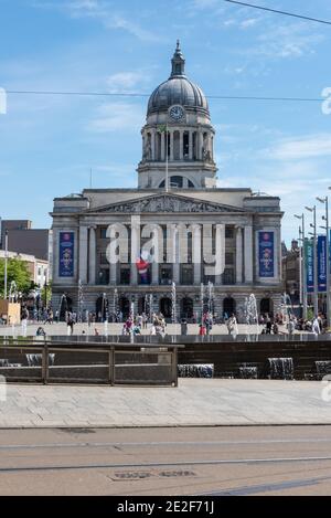 The imposing Nottingham Council House stands high above Nottingham's city centre acting as a backdrop to Nottingham's Old Market Square.