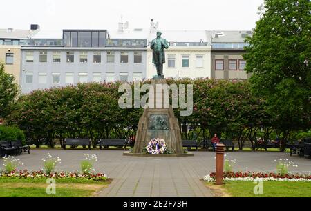 Reykjavik, Iceland - June 20, 2019 - Jon Sigurdsson statue near Austurvöllur park in the city during the summer Stock Photo