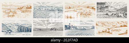 Rural meadow set. A village landscape with cows, goats and lamb, hills and a farm. Sunny scenic country view. Hand drawn engraved sketch. Vintage Stock Vector