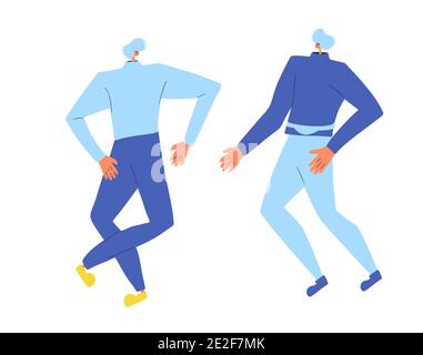 Couple rejoice. Two characters wearing in casual clothes dancing together isolated on a white background. Persons jumping and have fun. Vector color f Stock Vector