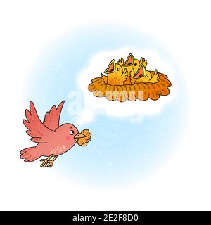 Mother bird thinks about feeding hungry baby chicks in the nest. Stock Vector
