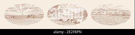 Rural meadow. A village landscape with cows, goats and lamb, hills and a farm. Sunny scenic country view. Hand drawn engraved sketch. Vintage rustic Stock Vector