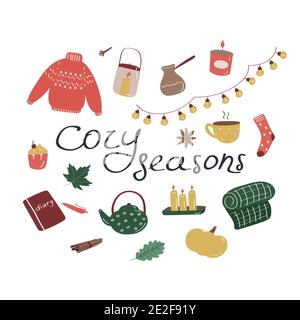 Cozy seasons. Set of hygge icons and handwritten lettering. Cute elements for posters, cards, stickers and seasonal designs. Hand drawn flat vector Stock Vector
