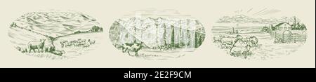 Rural meadow. A village landscape with cows, goats and lamb, hills and a farm. Sunny scenic country view. Hand drawn engraved sketch. Vintage rustic Stock Vector