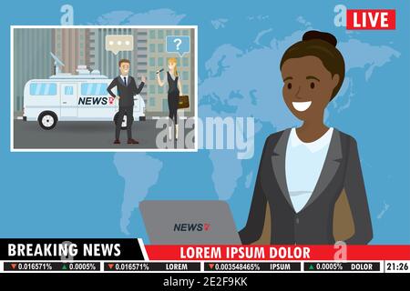 African american female news anchor with laptop on tv breaking news background,flat vector illustration Stock Vector