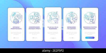 Media literacy features onboarding mobile app page screen with concepts Stock Vector