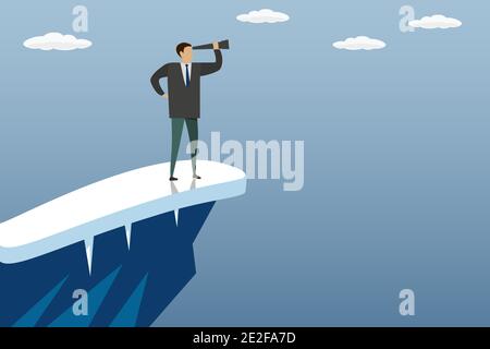 Businessman on top of a mountain with a telescope,business concept in trendy style,vector illustration flat design Stock Vector