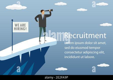Businessman on top of a mountain looks into a telescope and hires,flag with text-we are hiring,recruitment concept in trendy style,vector illustration Stock Vector