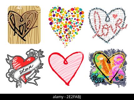 Six Hand drawn different Graphic Style colored Hearts - set 1 Stock Vector
