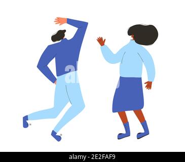 Couple rejoice. Two characters wearing in casual clothes dancing together isolated on a white background. young man and woman. Persons jumping and hav Stock Vector