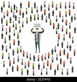 Many Different people looking for a job and in center businessman with sign- we are hiring,recruitment concept, trendy style on white background,vecto Stock Vector