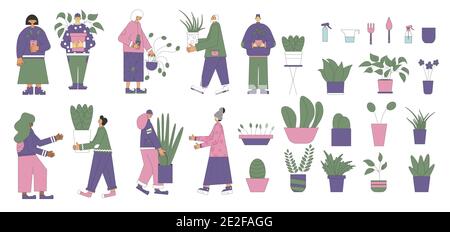 Indoor plants lovers isolated on white background. Persons wearing in casual clothes holding in hands potted flower. People with houseplants collectio Stock Vector