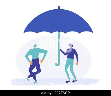 Two friends wearing in casual clothes standing together under an umbrella. Male persons protection from rain. Vector color flat illustration. Stock Vector