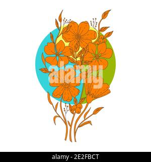 Bouquet of orange doodle flowers, hand drawn flopal ornament in circle. Vector illustration. Zendoodle pattern. Stock Vector