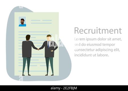 Recruitment process,selecting candidate by human resource,handshake people and printed cv resume,vector illustration in trendy simple flat style Stock Vector