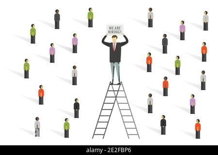 Businessman stands on the stairs and holds a sign with text- we are hiring,group of people in search of work, human resource recruitment concept, Char Stock Vector