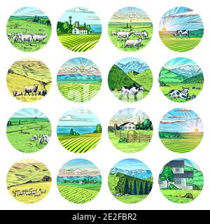 Rural meadow stickers. A village landscape with cows, goats and lamb, hills and a farm. Sunny scenic country view. Hand drawn engraved sketch. Vintage Stock Vector