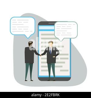 Business negotiations,male handshake,businessmen near big smartphone, in trendy simple style,vector illustration flat design Stock Vector