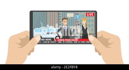 Hands holding modern smartphone,news app on screen,Female reporter with microphone interviewing a businessman,isolated on white background,flat vector Stock Vector