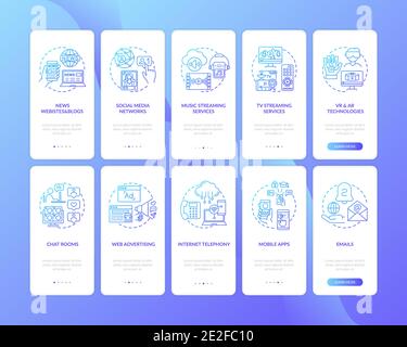 New media kinds onboarding mobile app page screen with concepts set Stock Vector