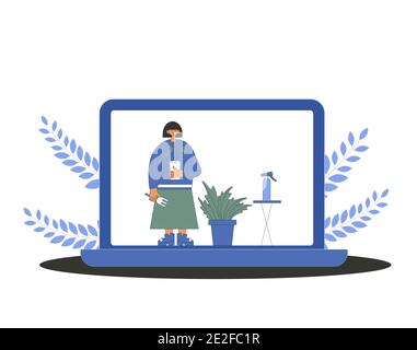 Home gardening lesson. Indoor plants lover on computer screen. Person wearing in casual clothes holding in hands potted flower. Blogger with houseplan Stock Vector