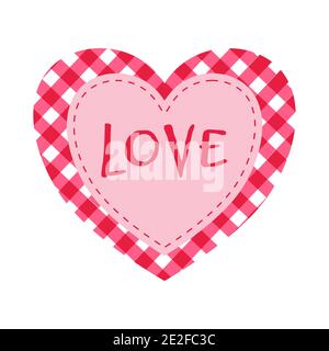 Checkered red heart for Saint Valentine Day with the inscription Love, isolated on white background. Vector flat illustration. Stock Vector