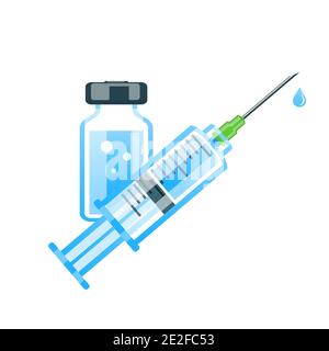 Vaccination concept. Vaccine vial and medical syringe. Medical treatment and healthcare. Medical symbol, vaccination, treatment concept. Isolated vect Stock Vector