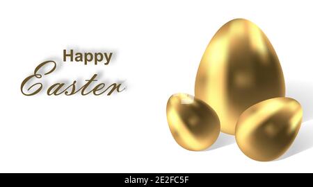 Happy Easter. Vector illustration of golden easter egg vector. Christian religious symbol. Set of 3d eggs isolated on white background. Decorative ele Stock Vector