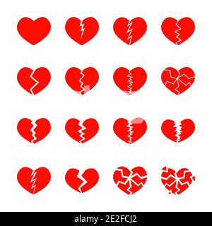 Set of red broken hearts icons isolated on white background. Different symbols of heartbreak, divorce, parting. Vector flat illustration. Stock Vector