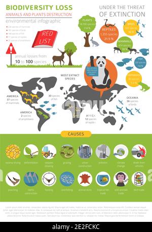 Global environmental problems. Biodiversiry loss infographic. Plants and animals destruction. Vector illustration Stock Vector