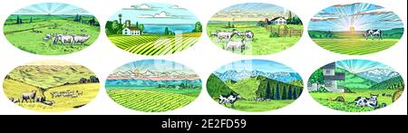 Rural meadow set. A village landscape with cows, goats and lamb, hills and a farm. Sunny scenic country view. Hand drawn engraved sketch. Vintage Stock Vector