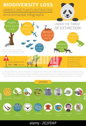 Global environmental problems. Biodiversiry loss infographic. Plants and animals destruction. Vector illustration Stock Vector