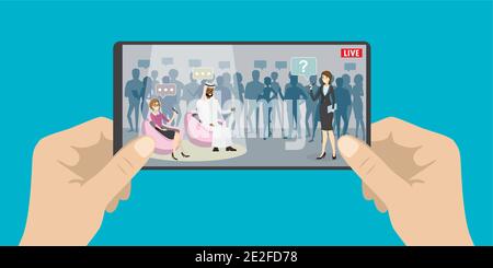 Hand holding modern smartphone,tv show program on screen,tv or video application,flat vector illustration Stock Vector