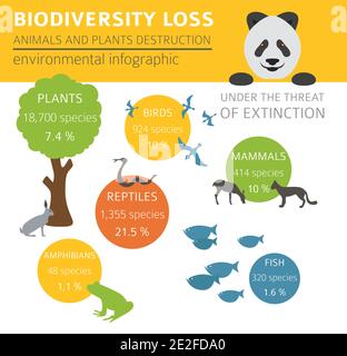 Global environmental problems. Biodiversiry loss infographic. Plants and animals destruction. Vector illustration Stock Vector