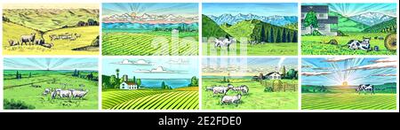 Rural meadow set. A village landscape with cows, goats and lamb, hills and a farm. Sunny scenic country view. Hand drawn engraved sketch. Vintage Stock Vector