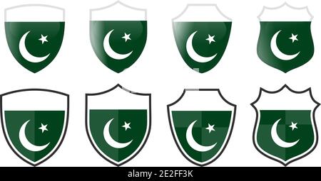 Vertical Pakistan flag in shield shape, four 3d and simple versions. Pakistani icon / sign Stock Vector