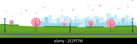 Public park landscape vector illustration. Spring season. Cherry blossoms. Stock Vector