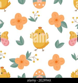 Seamless pattern - chickens, butterfly, easter egg Stock Vector