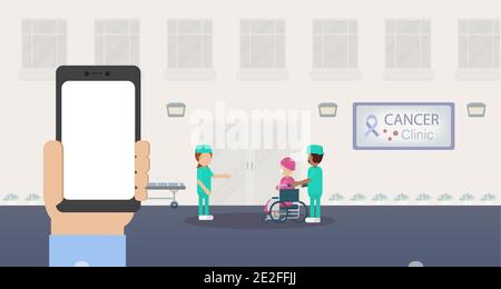 Blank screen mobile with cancer clinic and medical staff flat design vector illustration Stock Vector