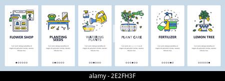 Caring for flowers, planting seeds and watering houseplants. Mobile app screens, vector website banner template. Stock Vector