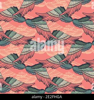 Vintage seamless psychedelic pattern with hand-drawn wings feathers. Vector doodle illustration Stock Vector
