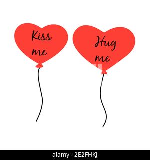 Balloons in the shape of a heart. Inscription kiss me and hug me. Happy Valentines Day. Declaration of love and feelings, February 14th. On white back Stock Vector