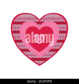 Knitted red heart for Saint Valentine Day with the inscription Love, isolated on white background. Vector flat illustration. Stock Vector