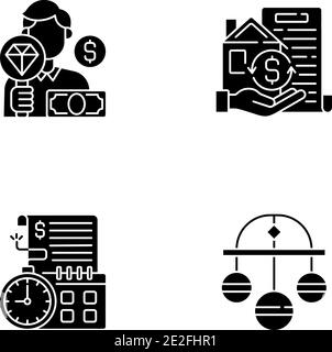 Collateral-based loans black glyph icons set on white space Stock Vector