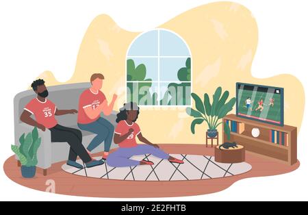 Football fans watch game on TV at home 2D vector web banner, poster Stock Vector